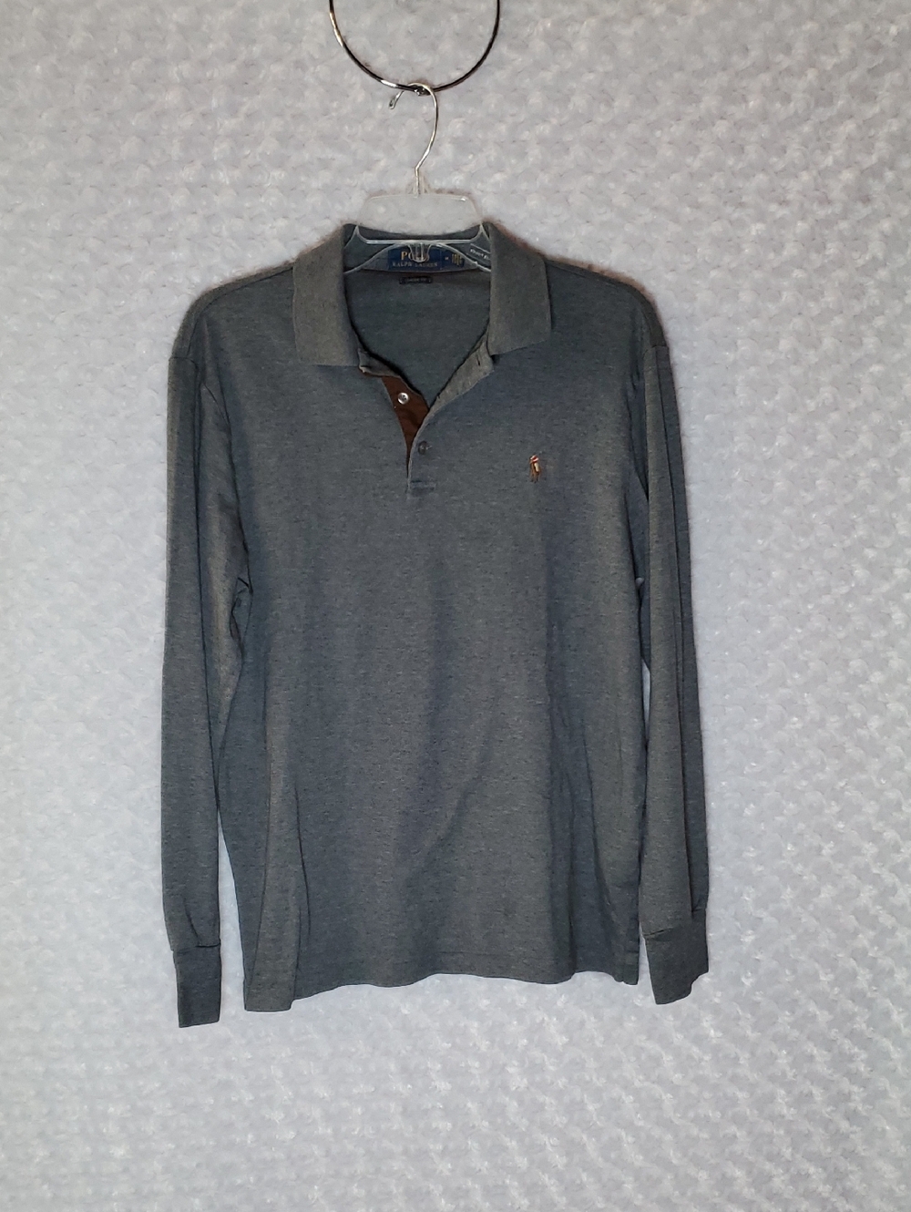 Polo by Ralph Lauren Long-Sleeve Heather Gray Polo with Brown Placket Size M
